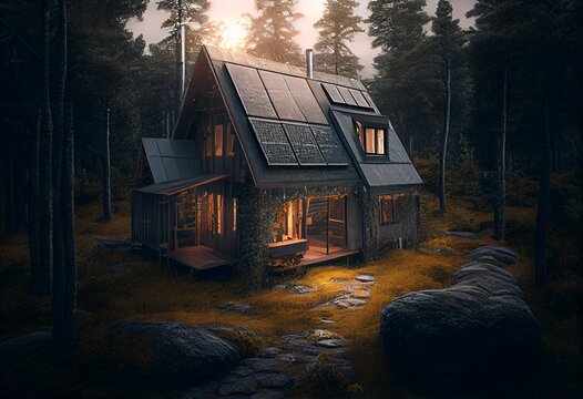 Off-grid Norwegian cabin in the woods powered by solar energy. Generative AI