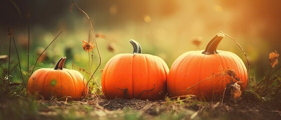 Naklejka na ściany i meble Autumn Halloween pumpkins. Orange pumpkins over nature background Generative AI