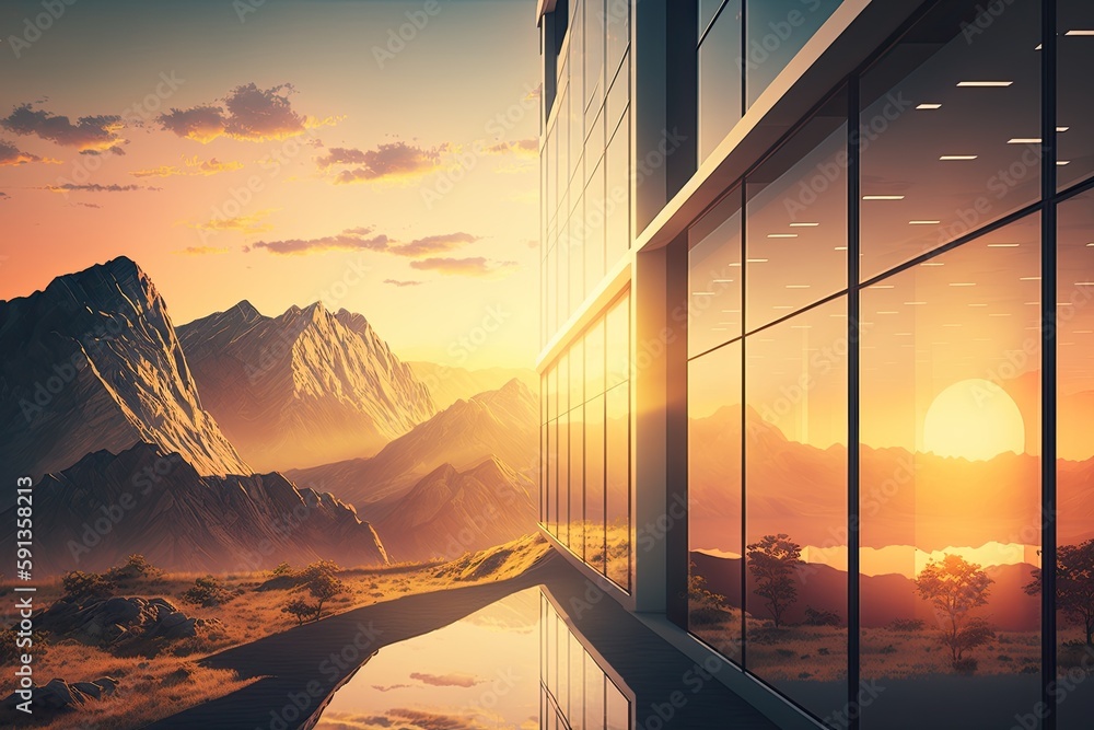 Poster scenic sunset view of a mountain range through a window. generative ai