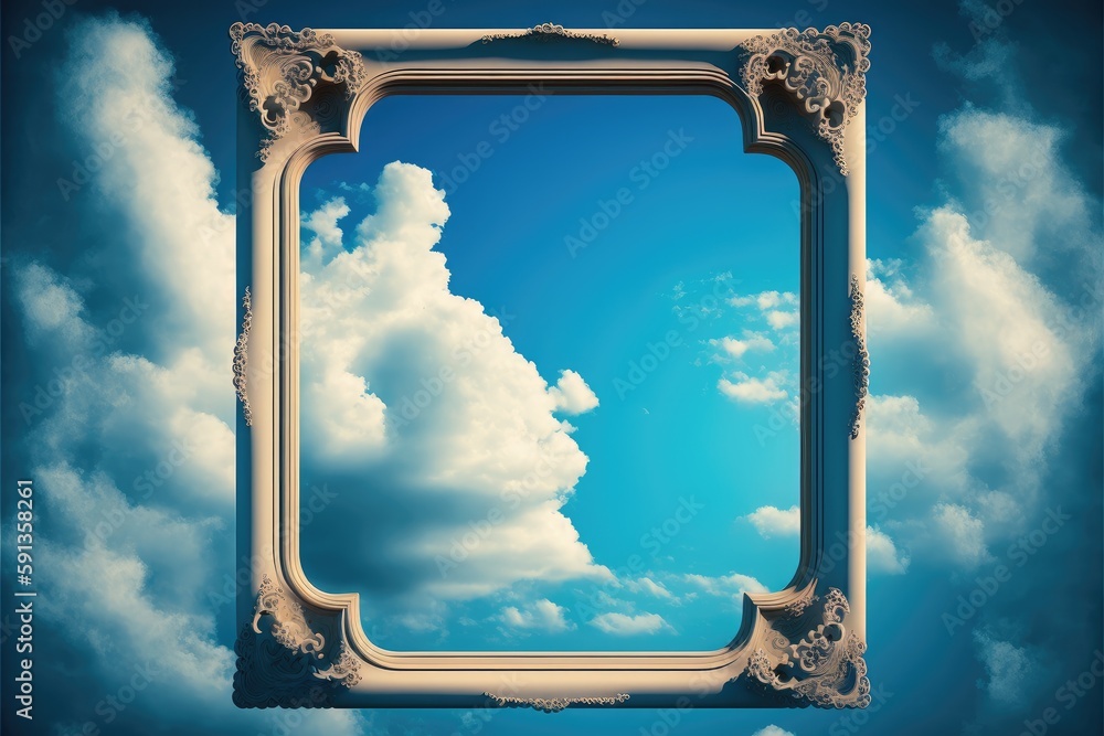 Poster frame isolated on white cloud background in the sky in square shape. concept of luxurious fantasy. f