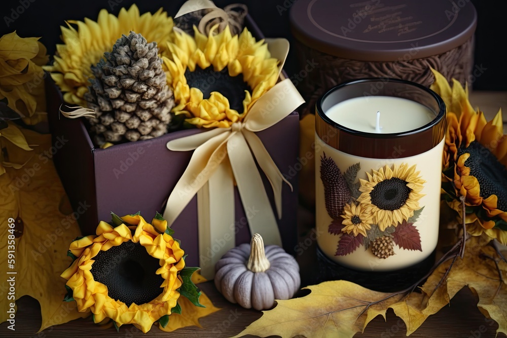 Poster rustic table setting with a candle and sunflowers. generative ai