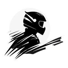 Flat black and white drawing of a motorcyclist racer logo. For your design