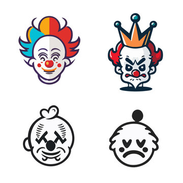 Drawing of colored and black and white clowns in the form of a sticker or logo. For your design