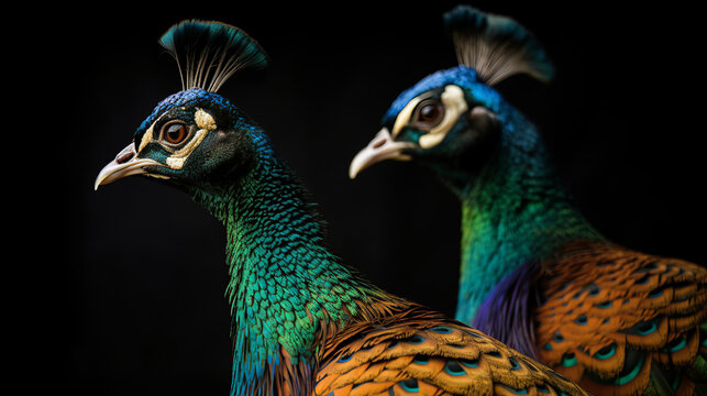 Isolated Colorful Two Peacocks On Black Background, Generative Ai