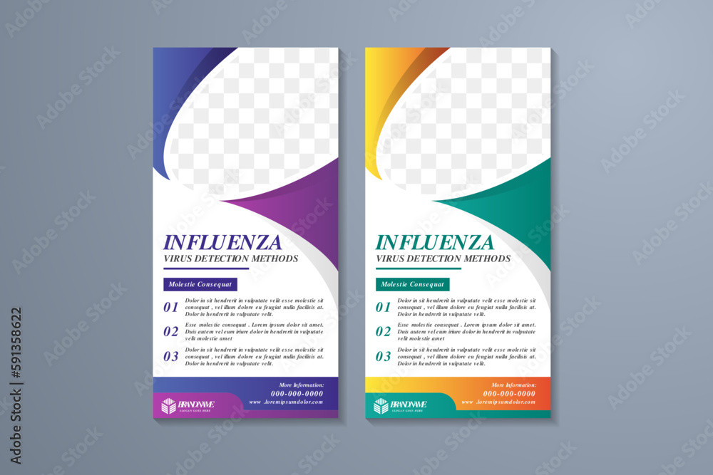 Poster roll up flyer template design with headline is influenza detecting methods. space of photo collage a