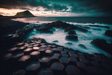 Giants causeway hexagon basalt rock on the sea. distinct generative AI image. - obrazy, fototapety, plakaty