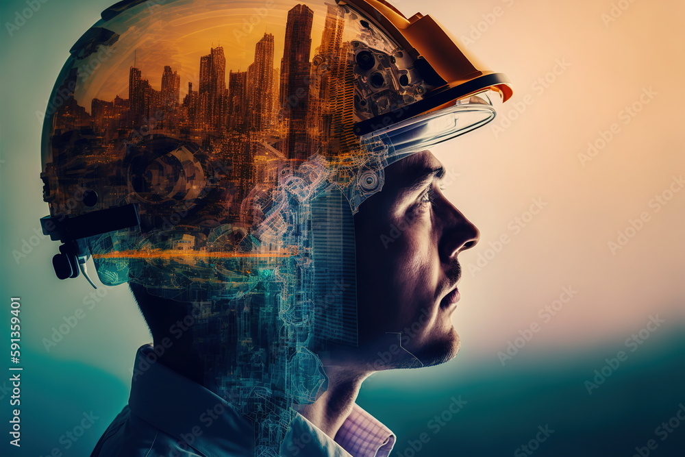 Poster civil engineer portrait as concept for building construct by professional with hardhat helmet engine