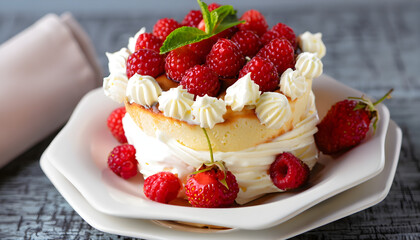 dessert with strawberries,Delicious and delicate raspberry dessert with vanilla cream, strawberry and whipped cream. Selective focus, Ai generated 