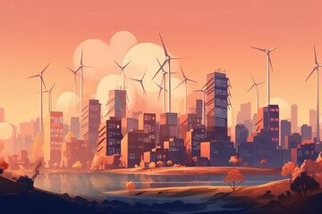 Energy Sustainable City With Wind Turbines, Made Using Generative Ai - obrazy, fototapety, plakaty