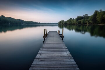Fototapeta premium Tranquil Serene Lakeside View, Wooden Pier, Calm Water, Peaceful Nature Escape, Reflections on Surface - Generative AI