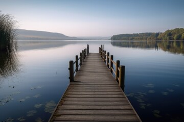 Naklejka na ściany i meble Tranquil Serene Lakeside View, Wooden Pier, Calm Water, Peaceful Nature Escape, Reflections on Surface - Generative AI