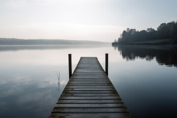 Fototapeta na wymiar Tranquil Serene Lakeside View, Wooden Pier, Calm Water, Peaceful Nature Escape, Reflections on Surface - Generative AI
