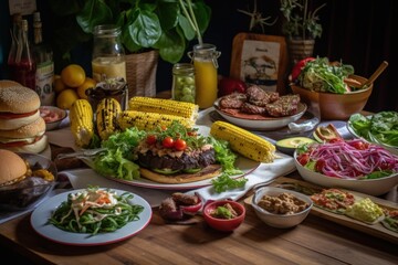 Mouthwatering Summer Barbecue Spread, Grilled Corn, Burgers, Fresh Salads, Outdoor Dining, Tasty Feast - Generative AI