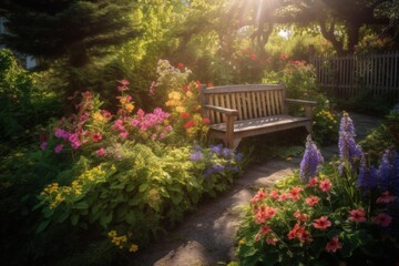 Charming Sunlit Garden, Colorful Blooming Flowers, Cozy Wooden Bench, Peaceful Nature Retreat, Serenity - Generative AI