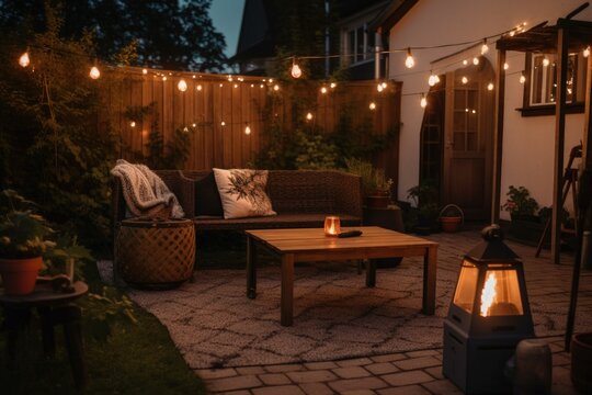 Inviting Cozy Outdoor Patio, String Lights, Comfy Cushions, Barbecue Grill, Warm Ambiance, Relaxing Space - Generative AI