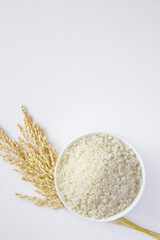 rice grains in a bowl and Ears of rice isolated on white background.