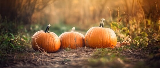 Naklejka na ściany i meble Autumn Halloween pumpkins. Orange pumpkins over nature background Generative AI