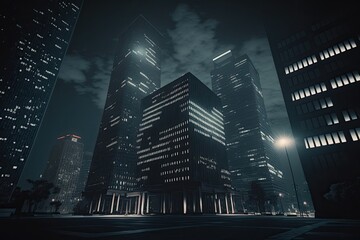 bustling city skyline at night with illuminated skyscrapers. Generative AI