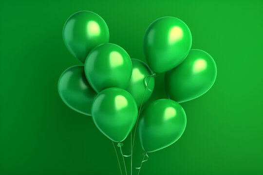 A generative AI image of green helium party balloons floating on a green background