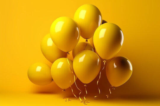 A generative AI image of yellow helium party balloons floating on a yellow background