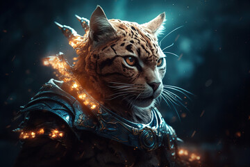 Medieval warrior leopard, fighting spotted predator in armor. Animal fantasy illustration, Generative AI