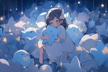 cute little girl holding a huge star, anime art illustration. generative AI