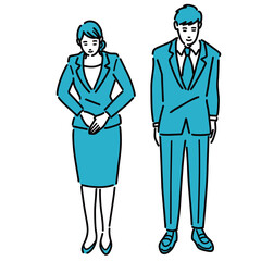 スーツを着て丁寧にお辞儀をしている若い男性と女性のセット
