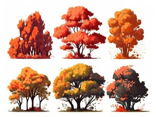 Set autumn yellow trees Isolated on white background, The collection of trees. Set of trees. Collection of natural design elements trees. generative ai