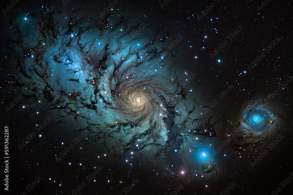 Poster large and small spiral galaxy in deep space. generative ai