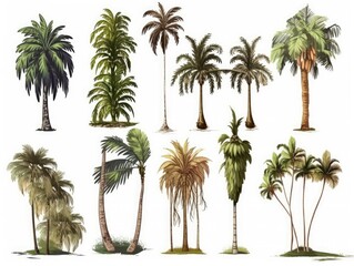 Set palm trees. Palm trees isolated on white background. generative ai
