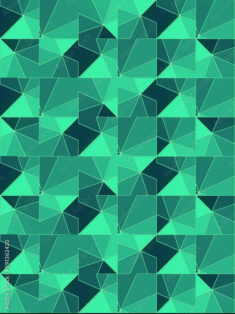 Poster Green colored geometric background of rectangular shapes. 3d rendering pattern in abstract style. Digital illustration