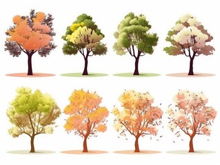 Obraz premium Set Isolated tree on white background, autumn and summer, green and yellow trees, The collection of trees. Collection of natural design elements trees. generative ai