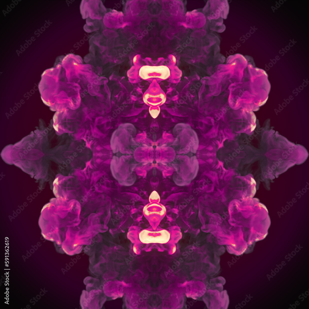 Poster trendy kaleidoscopic pattern of chemical smoke on dark background. glow effect. 3d rendering digital