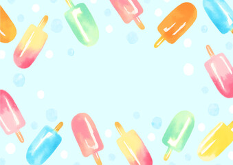 水彩手描きのアイスキャンディのイラスト背景　レトロなアイス棒 カラフル　夏　ベクター　バナー
