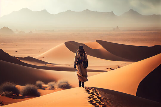 Man walking in the middle of the Sahara desert. Generative AI