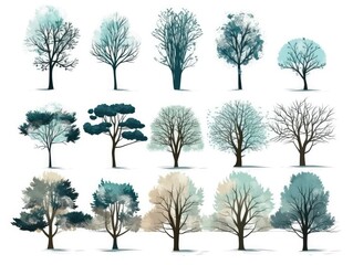Set Isolated tree on white background, silhouette shadows winter trees, The collection of trees. Collection of natural design elements trees. generative ai