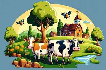 two cows grazing in a lush green field. Generative AI