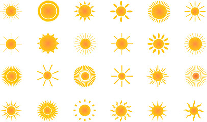 Sun icon set. Vector flat design. Collection of sun stars for use in as logo or weather icon. Yellow suns circles, bright natural lighting objects.