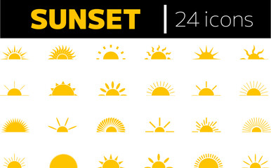 Yellow sun icon set, sunshine and solar glow, sunrise or sunset. Decorative circle full and half sun and sunlight. Hot solar energy for tan. Vector sign