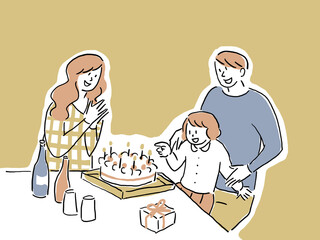 ケーキと家族（背景黄色）