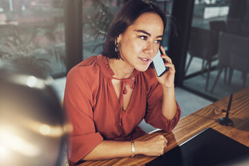 Phone call, business and mockup with woman in office for networking, communication and negotiation. Contact, technology and connection with female talking for feedback, information and conversation