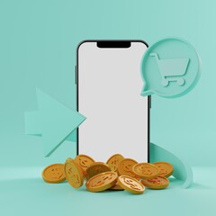 Smartphone Mock up screen and coins stack with shopping sign serround by arrow cursor.Concept digital wallet Shopping mobile app,coins Cashback and banking,money-saving.3D Illustration.
