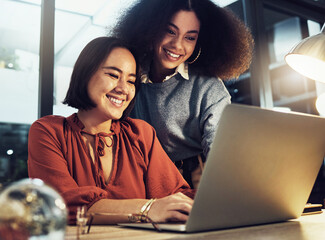 Training, laptop and coaching with business people in office for coaching, support and collaboration. Leadership, technology and management with women for brainstorming, project goals and planning