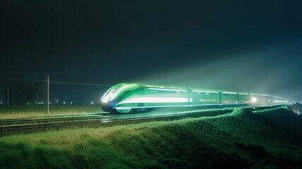 Speed passenger train moving in the night. Generative AI