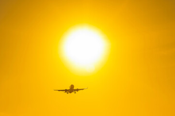 Fototapeta na wymiar Bottom view of a flying plane at sunset. 