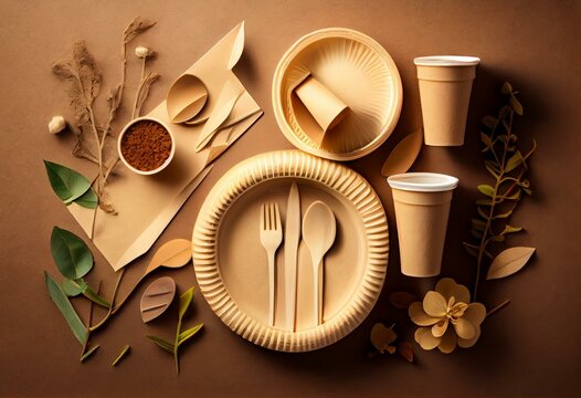 Eco friendly disposable dishware for takeout. Corner border on a brown paper background. Biodegradable, composable alternative to plastic. Top down view with copy space. Generative AI