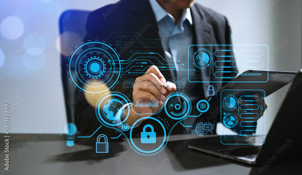 Aufkleber cyber security data protection business working on compute intelligenc digital tablet global network