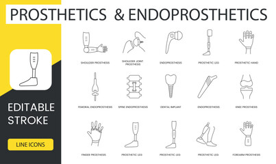 Prosthetics and endoprosthetics line icons set in vector, shoulder and leg and hand joint prosthesis, femoral and spine, dental and knee, finger and forearm. Editable stroke.