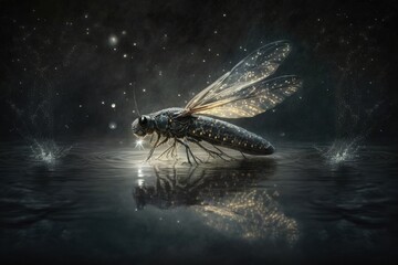 fly hovering over a still body of water. Generative AI