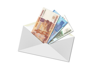 Financial illustration. Paper postage envelope with money inside. Banknotes of the Russian Federation, denominations of 1000, 2000 and 5000 rubles.
